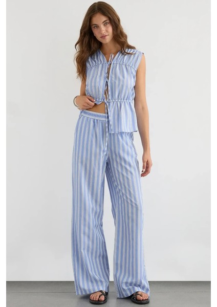 Kadın Lastikli Bel ile Geniş Paça Çizgili Pantolon Mavi