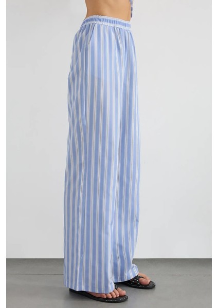 Kadın Lastikli Bel ile Geniş Paça Çizgili Pantolon Mavi modelleri