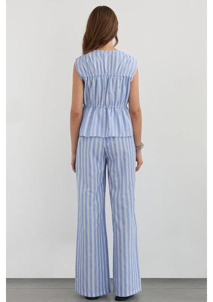 Kadın Lastikli Bel ile Geniş Paça Çizgili Pantolon Mavi indirimleri
