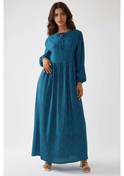 Kadın Baskılı A-Form Modest Elbise, Bisiklet Yaka Green