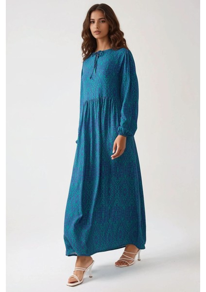 Kadın Baskılı A-Form Modest Elbise, Bisiklet Yaka Green modelleri