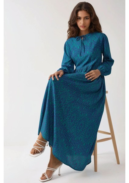 Kadın Baskılı A-Form Modest Elbise, Bisiklet Yaka Green fırsatları