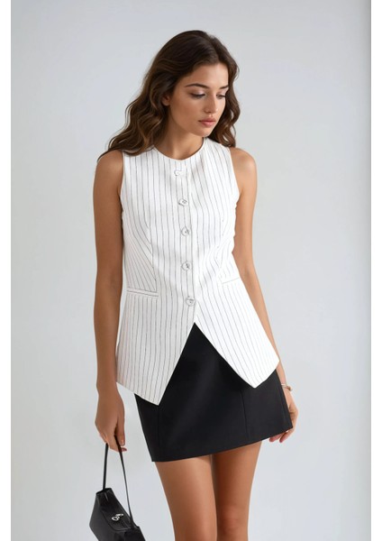 Kadın Çizgili Bisiklet Yaka Yelek Beyaz fiyatları