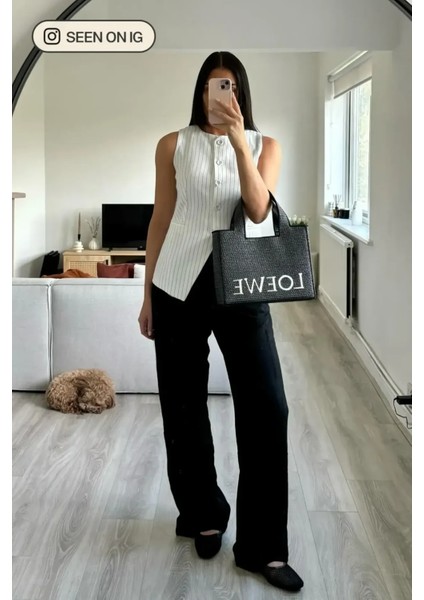 Kadın Çizgili Bisiklet Yaka Yelek Beyaz