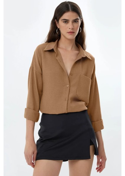 Kadın Keten Görünümlü Regular Fit Gömlek Natural