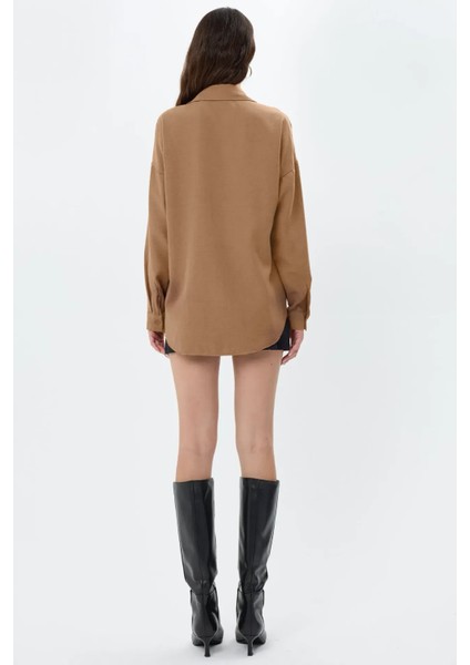 Kadın Keten Görünümlü Regular Fit Gömlek Natural indirimleri