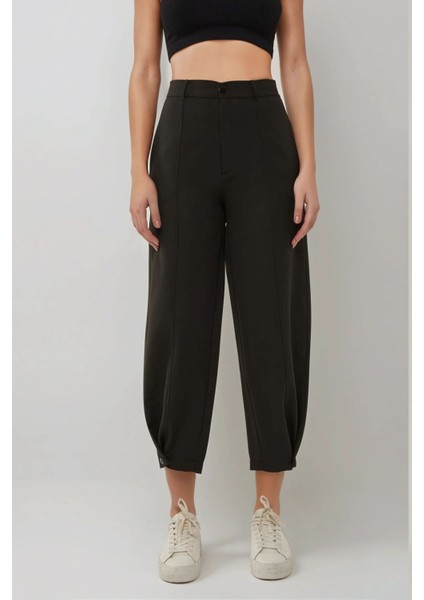 Kadın Düğme Detaylı Yüksek Bel Şalvar Pantolon Siyah