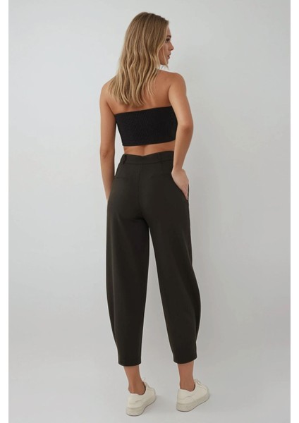 Kadın Düğme Detaylı Yüksek Bel Şalvar Pantolon Siyah fırsatları