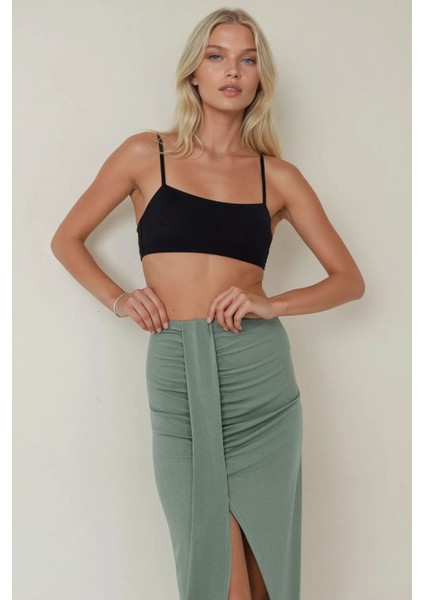 Kadın Drapeli Yüksek Bel Bodycon Sandy Maxi Etek Haki Yeşil indirimleri