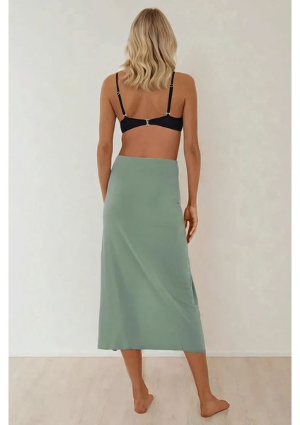 Kadın Drapeli Yüksek Bel Bodycon Sandy Maxi Etek Haki Yeşil
