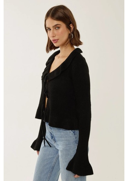 Kadın Rahat Kesim Volanlı Örme Hırka Siyah modelleri