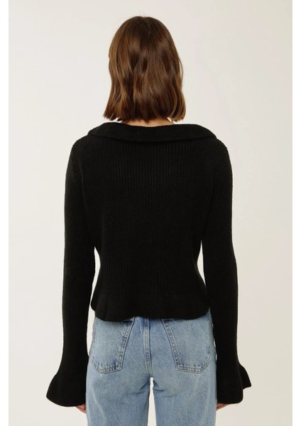 Kadın Rahat Kesim Volanlı Örme Hırka Siyah indirimleri