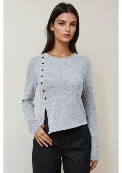 Kadın Önü Düğmeli Uzun Kollu Slim Fit Üst Grey
