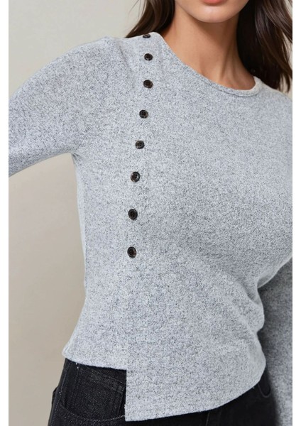 Kadın Önü Düğmeli Uzun Kollu Slim Fit Üst Grey modelleri