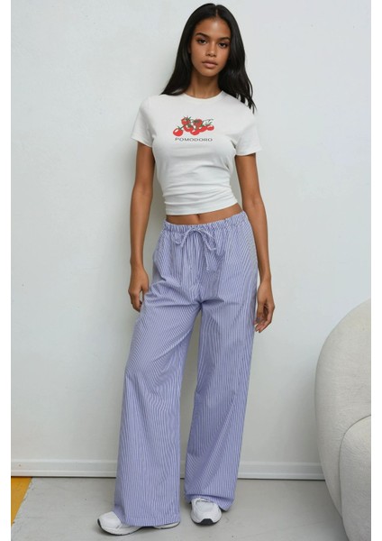 Kadın Beli Lastikli Çizgili Pamuklu Pijama Altı Blue modelleri