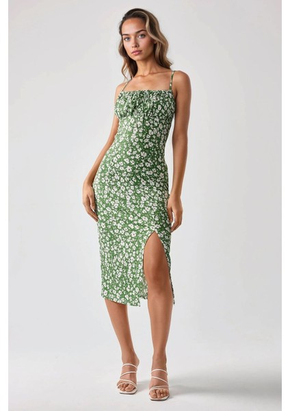 Kadın Yırtmaç Detaylı Çiçek Desenli Bodycon Midi Elbise Green
