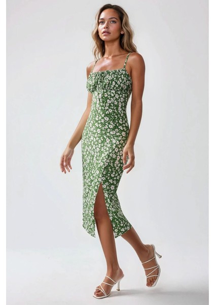 Kadın Yırtmaç Detaylı Çiçek Desenli Bodycon Midi Elbise Green fırsatları