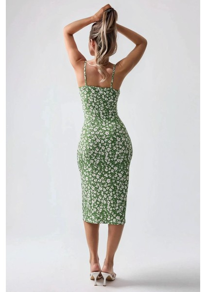 Kadın Yırtmaç Detaylı Çiçek Desenli Bodycon Midi Elbise Green indirimleri