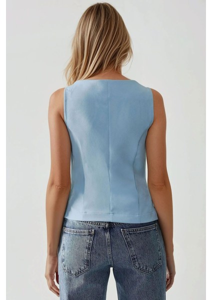 Kadın Düğme Detaylı Kolsuz Bisiklet Yaka Yelek Blue
