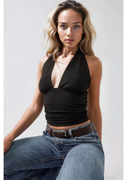 Kadın Dar Kesim V Yaka Örme Üst Siyah