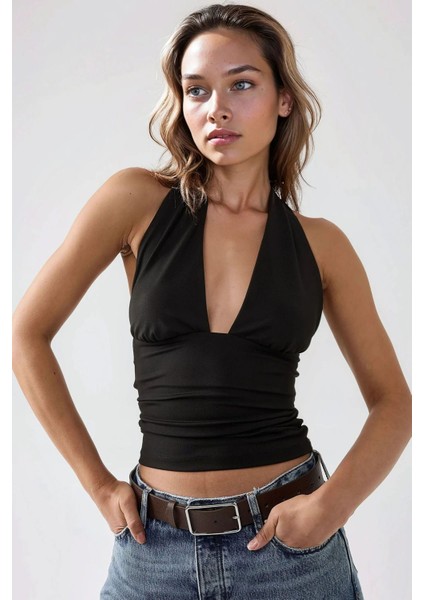 Kadın Dar Kesim V Yaka Örme Üst Siyah modelleri