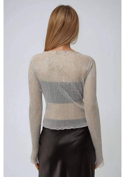 Kadın Simli Bisiklet Yaka Fitilli Bluz Gümüş Gri fırsatları