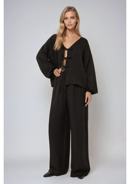 Kadın Geniş Paça Rahat Kesim Pantolon Siyah fiyatları