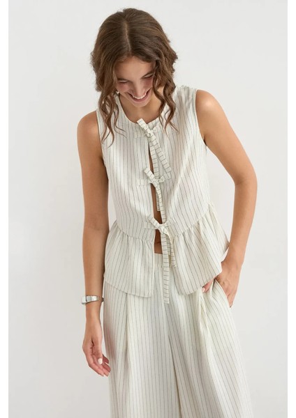 Kadın Çizgili Bisiklet Yaka Kolsuz Bluz White