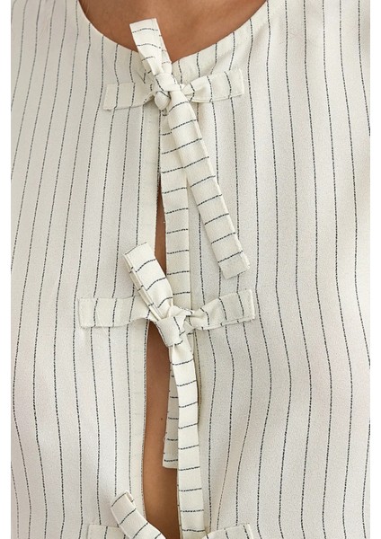 Kadın Çizgili Bisiklet Yaka Kolsuz Bluz White