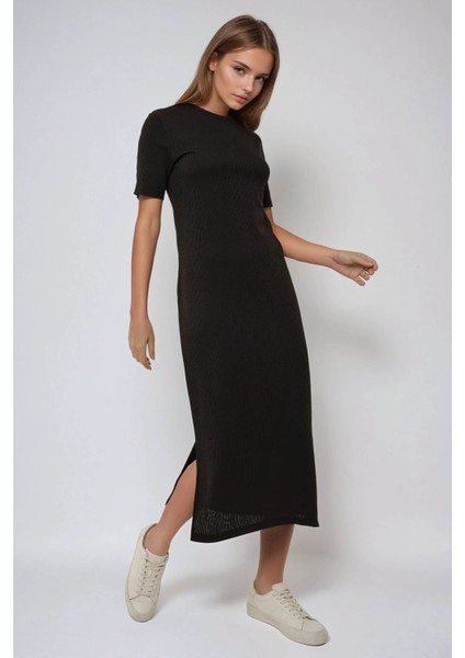 Kadın Rahat Kalıp Bisiklet Yaka Maxi Elbise Black fiyatları