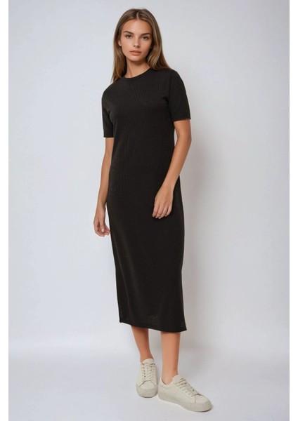 Kadın Rahat Kalıp Bisiklet Yaka Maxi Elbise Black indirimleri
