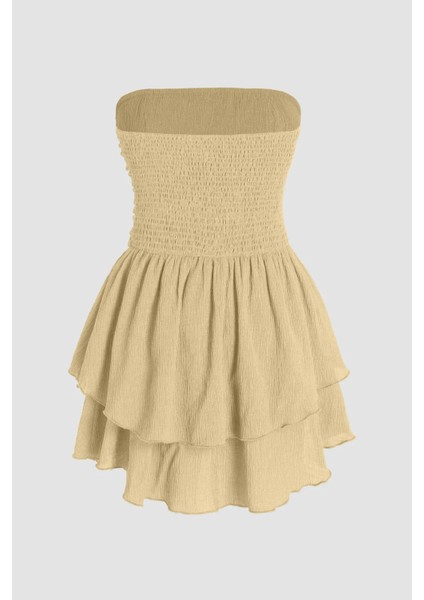 Kadın Straplez Fırfırlı Arkası Gipeli Mini Elbise Limon Sarısı fiyatları
