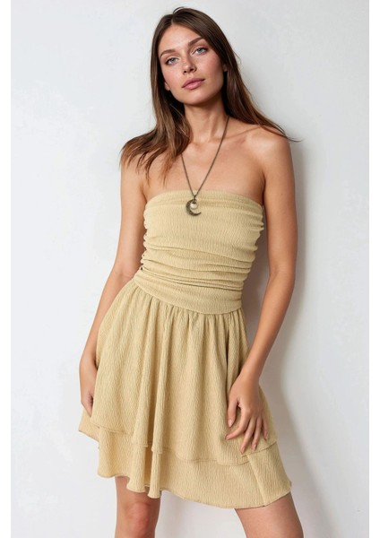 Kadın Straplez Fırfırlı Arkası Gipeli Mini Elbise Limon Sarısı modelleri