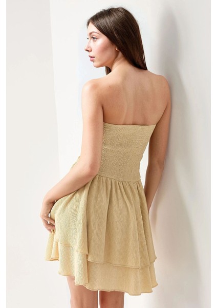 Kadın Straplez Fırfırlı Arkası Gipeli Mini Elbise Limon Sarısı