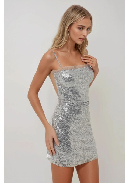Kadın Kare Yaka Payetli Mini Bodycon Elbise Arduvaz Grisi modelleri