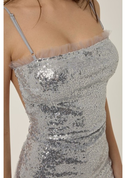 Kadın Kare Yaka Payetli Mini Bodycon Elbise Arduvaz Grisi indirimleri