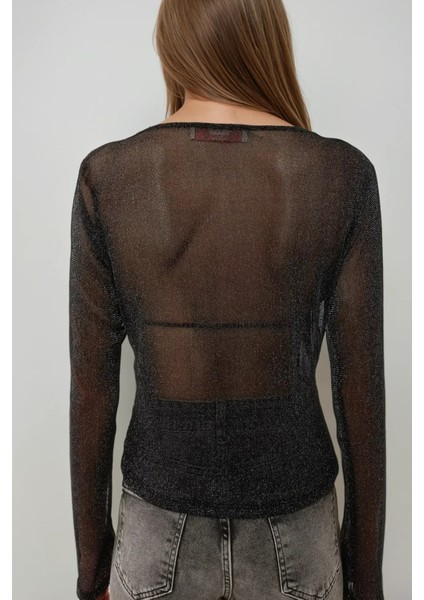 Kadın Lurex Transparan Uzun Kollu Fit Bluz Black fırsatları