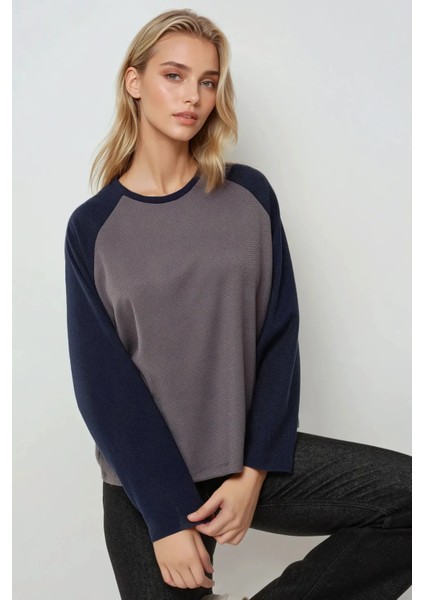 Kadın Bisiklet Yaka Raglan Uzun Kol Waffle Üst Grey
