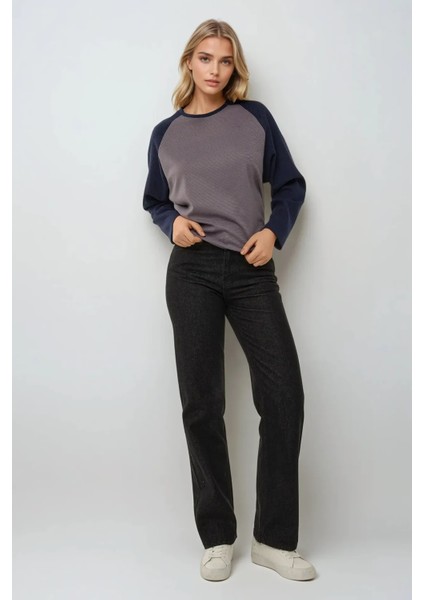 Kadın Bisiklet Yaka Raglan Uzun Kol Waffle Üst Grey modelleri