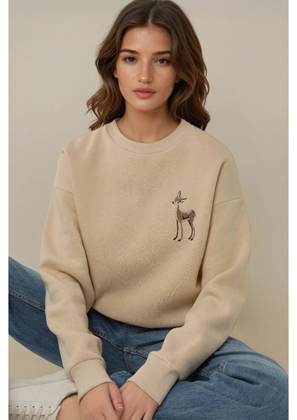 Kadın Rahat Hayvan Nakışlı Şardonlu Bisiklet Yaka Hoodie Natural fiyatları