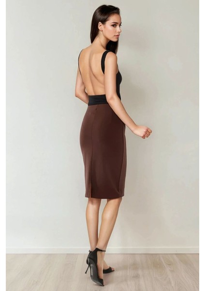 Kadın Yüksek Bel Bodycon Midi Örme Etek Brown fırsatları
