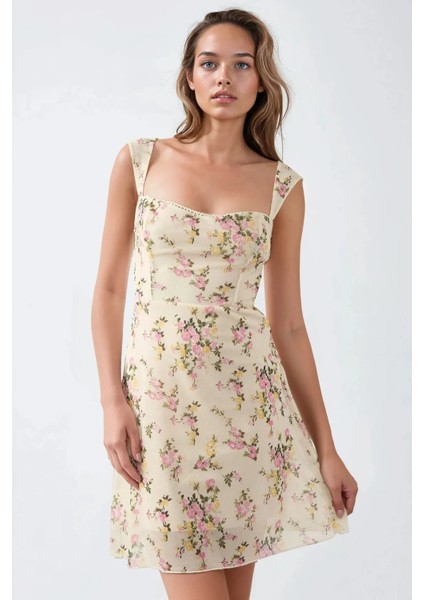 Kadın Kalp Yaka Puantiyeli Mini Tül Elbise Pink