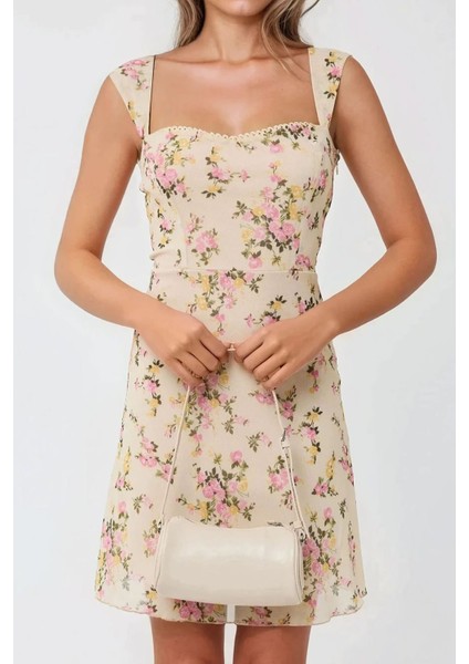 Kadın Kalp Yaka Puantiyeli Mini Tül Elbise Pink