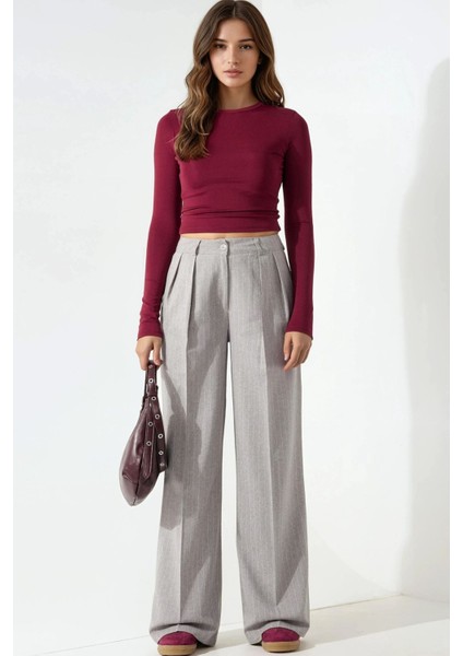Kadın Çizgili Geniş Paça Pileli Palazzo Pantolon Gri fiyatları