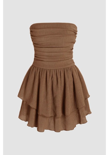 Kadın Straplez Fırfırlı Arkası Gipeli Mini Elbise Bej Doğal