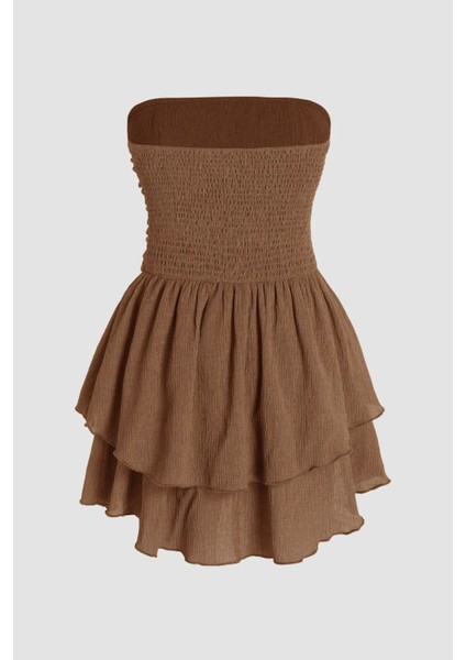 Kadın Straplez Fırfırlı Arkası Gipeli Mini Elbise Bej Doğal fiyatları