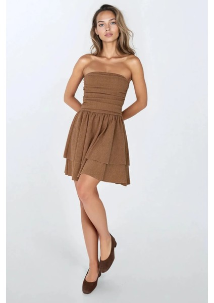 Kadın Straplez Fırfırlı Arkası Gipeli Mini Elbise Bej Doğal
