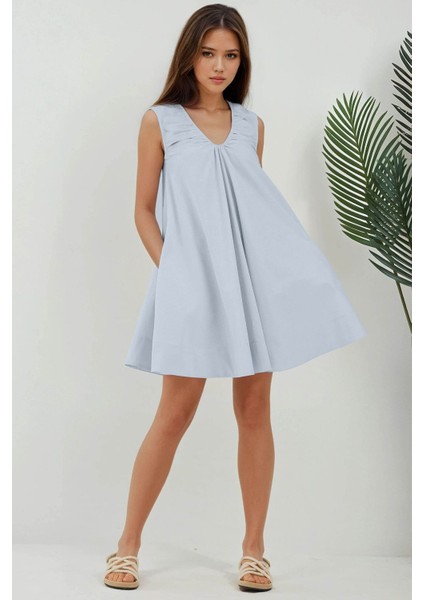 Kadın U Yaka A-Form Mini Elbise Bebek Mavisi