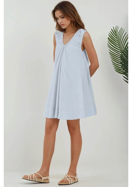 Kadın U Yaka A-Form Mini Elbise Bebek Mavisi fiyatları