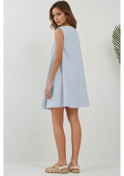 Kadın U Yaka A-Form Mini Elbise Bebek Mavisi fırsatları